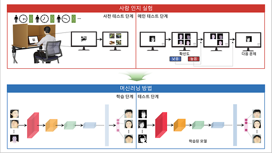 [그림 1] 얼굴 인식 정확도 측정을 위한 사람 대상 인지 실험과 이를 대체할 수 있는 인공지능 (머신러닝) 방법 개념도